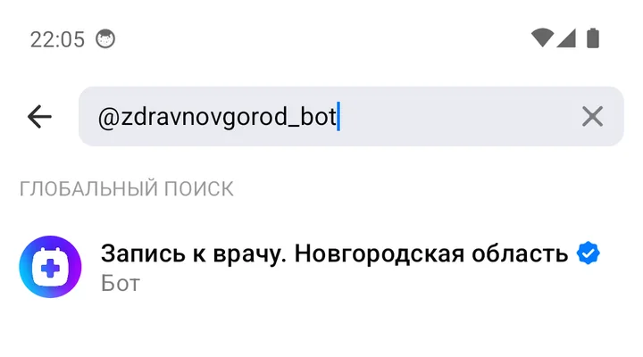 Поиск по нику @zdravnovgorod_bot: бот «Запись к врачу. Новгородская область» в блоке «Глобальный поиск»
