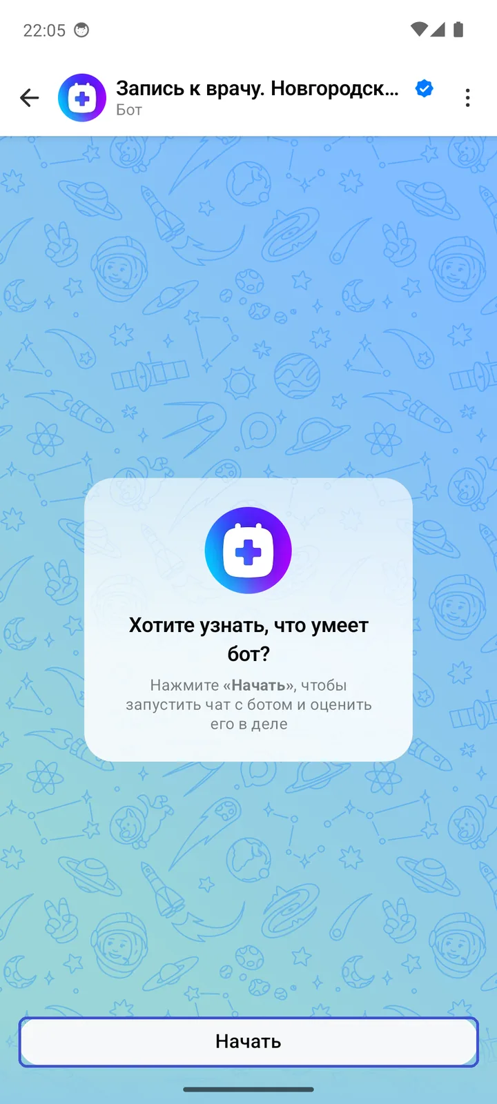 Чат с ботом до запуска: «Хотите узнать, что умеет бот?» и кнопка «Начать» внизу