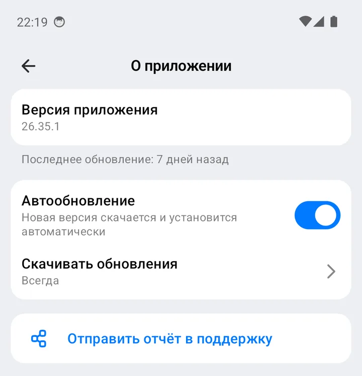 Экран «О приложении»: версия 26.35.1, переключатель «Автообновление», «Скачивать обновления»