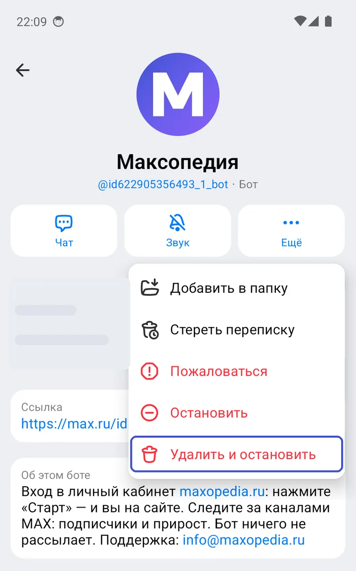Профиль бота, меню «Ещё»: «Добавить в папку», «Стереть переписку», «Пожаловаться», «Остановить», «Удалить и остановить»