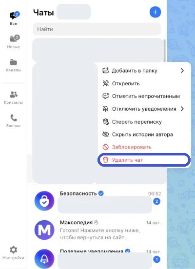 Меню чата в веб-версии MAX, внизу красный пункт «Удалить чат»