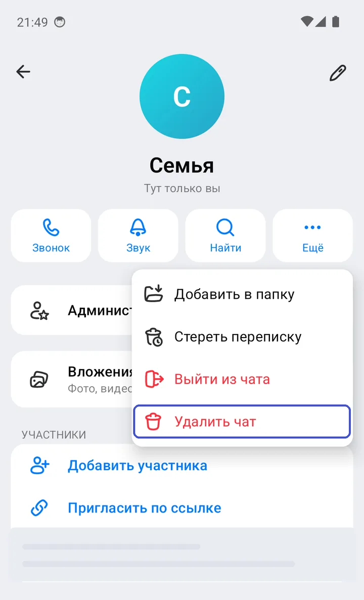 Информация о группе, меню «Ещё»: «Добавить в папку», «Стереть переписку», «Выйти из чата», «Удалить чат»