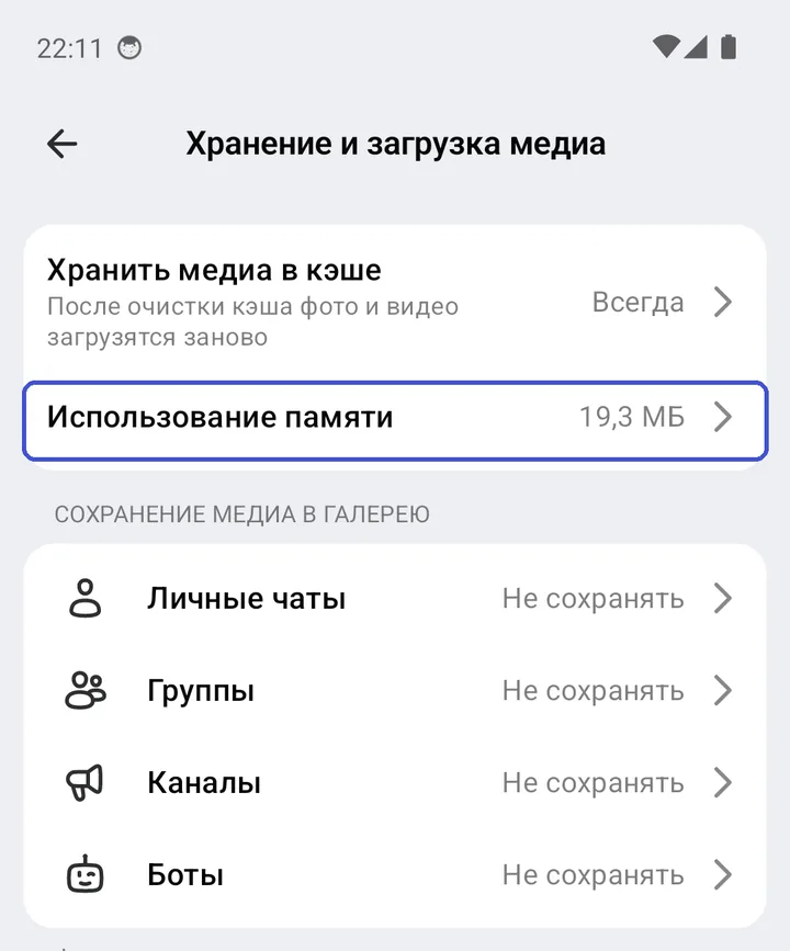 Раздел «Хранение и загрузка медиа»: «Хранить медиа в кэше», «Использование памяти»