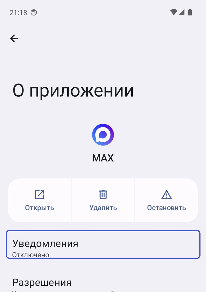 Экран «О приложении» MAX в настройках Android, пункт «Уведомления»