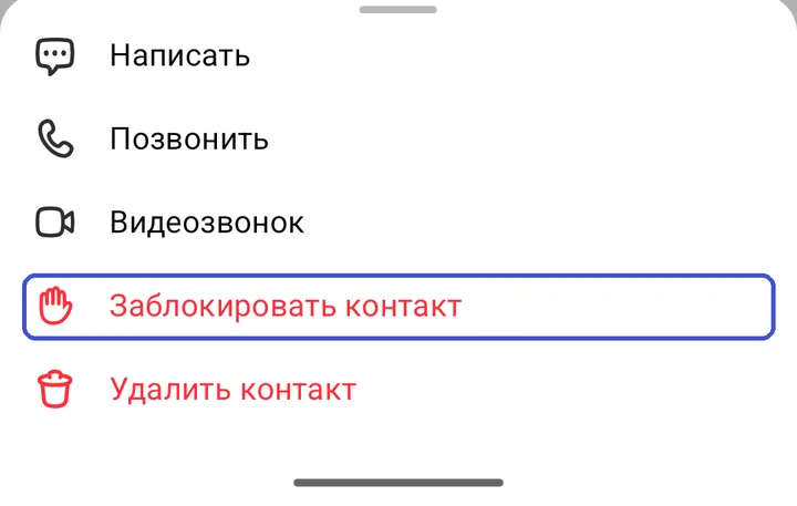 Меню контакта: «Написать», «Позвонить», «Видеозвонок», «Заблокировать контакт», «Удалить контакт»