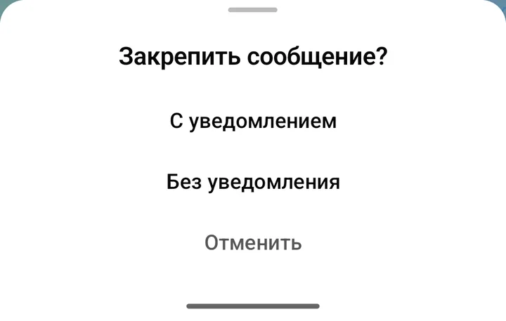 Окно «Закрепить сообщение?» с вариантами «С уведомлением», «Без уведомления», «Отменить»